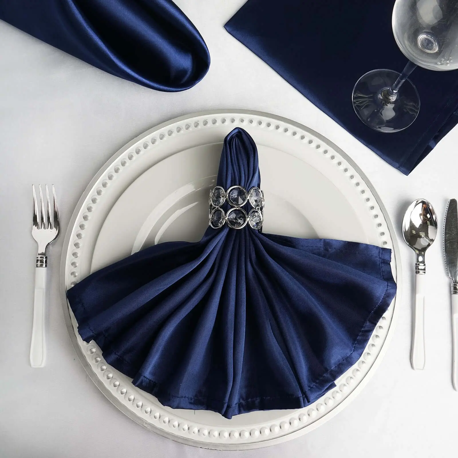 5-Pack Navy Blue Satin 20"x20" Fabric Packet Napkins, Luxurious Shine & Smooth Tableware Dinner Napkins, Fabric Napkins