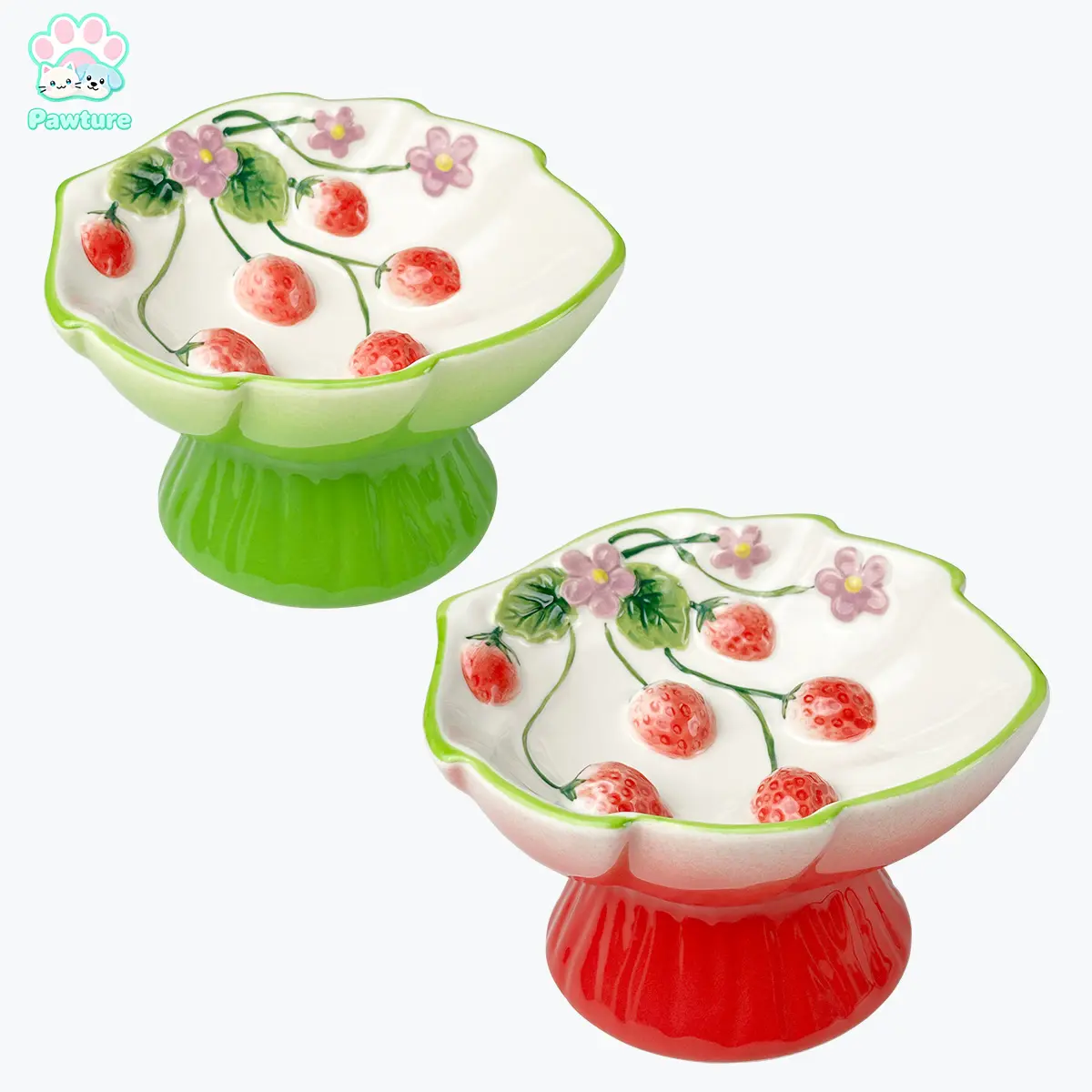 Ceramic Slow Feeder Cat Bowl, Elevated Pet Food Bowl for Cats & Small Dogs, Non-Slip Base, Strawberry Country-Style Design for Dry and Wet Food