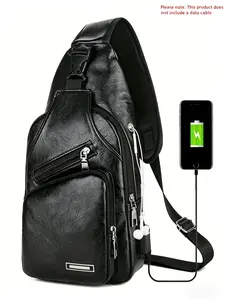 Leather Crossbody Bag with USB Charging Port, Men's Portable Chest Backpack, Convenient On-the-Go Charging Sling Bag for Daily & Outdoor