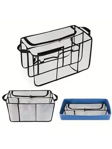 A Newly Designed Transparent Beach Bag with a Handle, Featuring an Updated Internal Layout for Better Organization. Ideal for Beach Outings, It Offers Ample Storage Space And Is Made of Transparent with Black