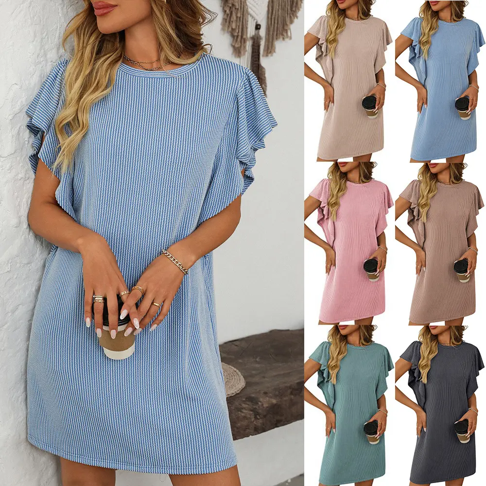 Women's Plus Size Casual Plain Ribbed Short-Sleeve Bodycon Mini Dress - Crew Neck, Straight Skirt, Lotus Leaf Detail, Elegant Sweet Look Normal Type Summer Wear