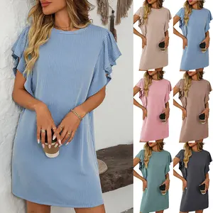 Womens Casual Summer Crewneck Short Sleeve Ribbed Mini Tshirt Dress