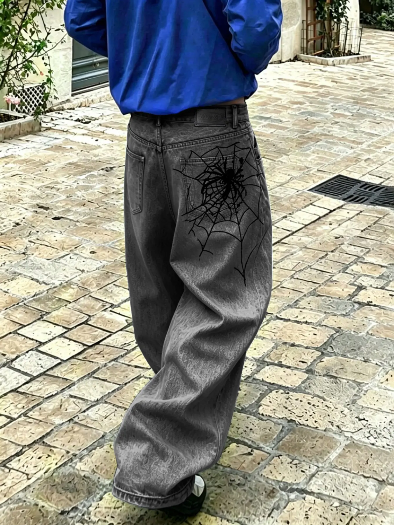 Spider Web Embroidered Denim Jeans, Casual Streetwear, Hip-Hop Style, Vintage Washed, Loose Fit Wide Leg, Y2K Unisex Fashion, Perfect Gift for Him