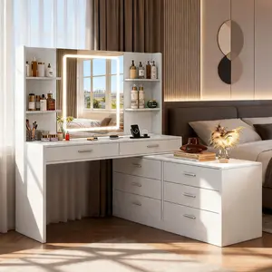 63.5 in Vanity Desk, Modern Corner Makeup Vanity with Adjustable LED Light Mirror, 8 Drawers and Open Shelves for Bedroom Storage & Cosmetics Organization tiktokshopspringglowup