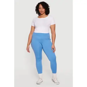 Plus Size Solid High Waisted Leggings with Cell Phone Pockets