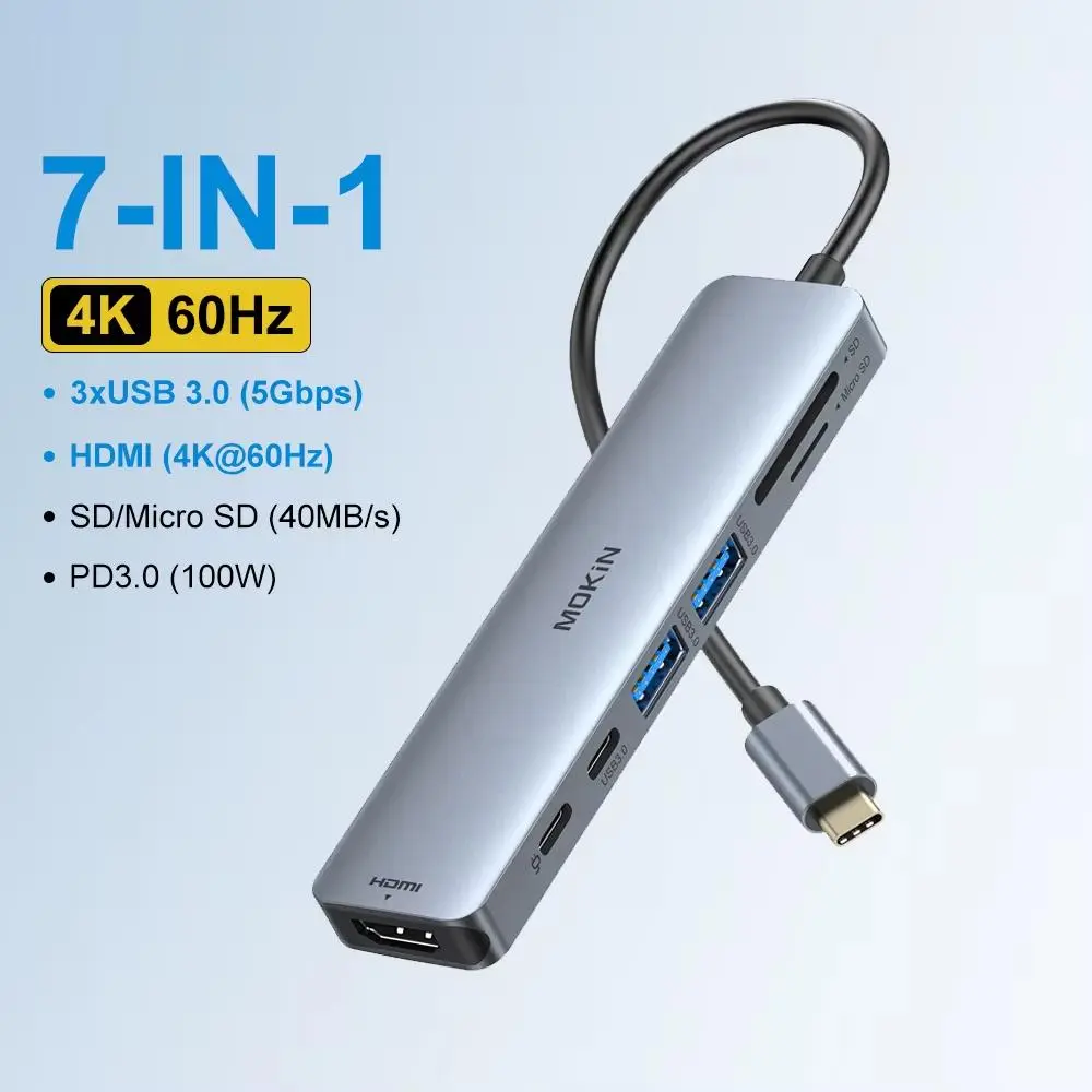 7-IN-1 USB-C Hub: 4K 60Hz HDMI, 3xUSB 3.1, SD/TF, PD 100W, RJ45, for Macbook Docking Station