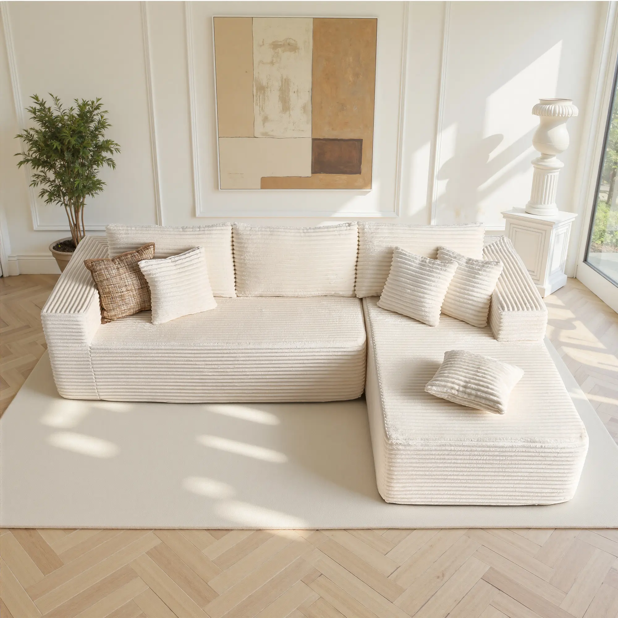 White Plush Corduroy Right Chaise