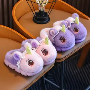 NewGirls' Plush Unicorn Slippers with Fluffy Ears & Lining - Soft Pastel Pink/Purple Winter Indoor House Shoes, Cozy Slip-On Moccasins with Sole for Kids,  Low-Top Round-Toe Design with Plush Fabric Upper & Lining Girls Shoes, Girls Stuff Slippers,