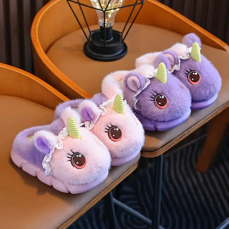 Girls' Plush Unicorn Fuzzy Slip-On House Slippers - Fluffy Ears, EVA-Synthetic-Fabric Material, Cozy Winter Flat Moccasins, Round Toe, Cushioned, Casual Kids' Indoor Footwear, Unicorn Design, Indoor Warm Slippers, Thick Cushioned Slippers