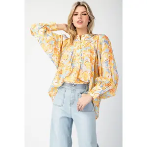 Banana Yellow Printed Long Sleeve Blouse Top