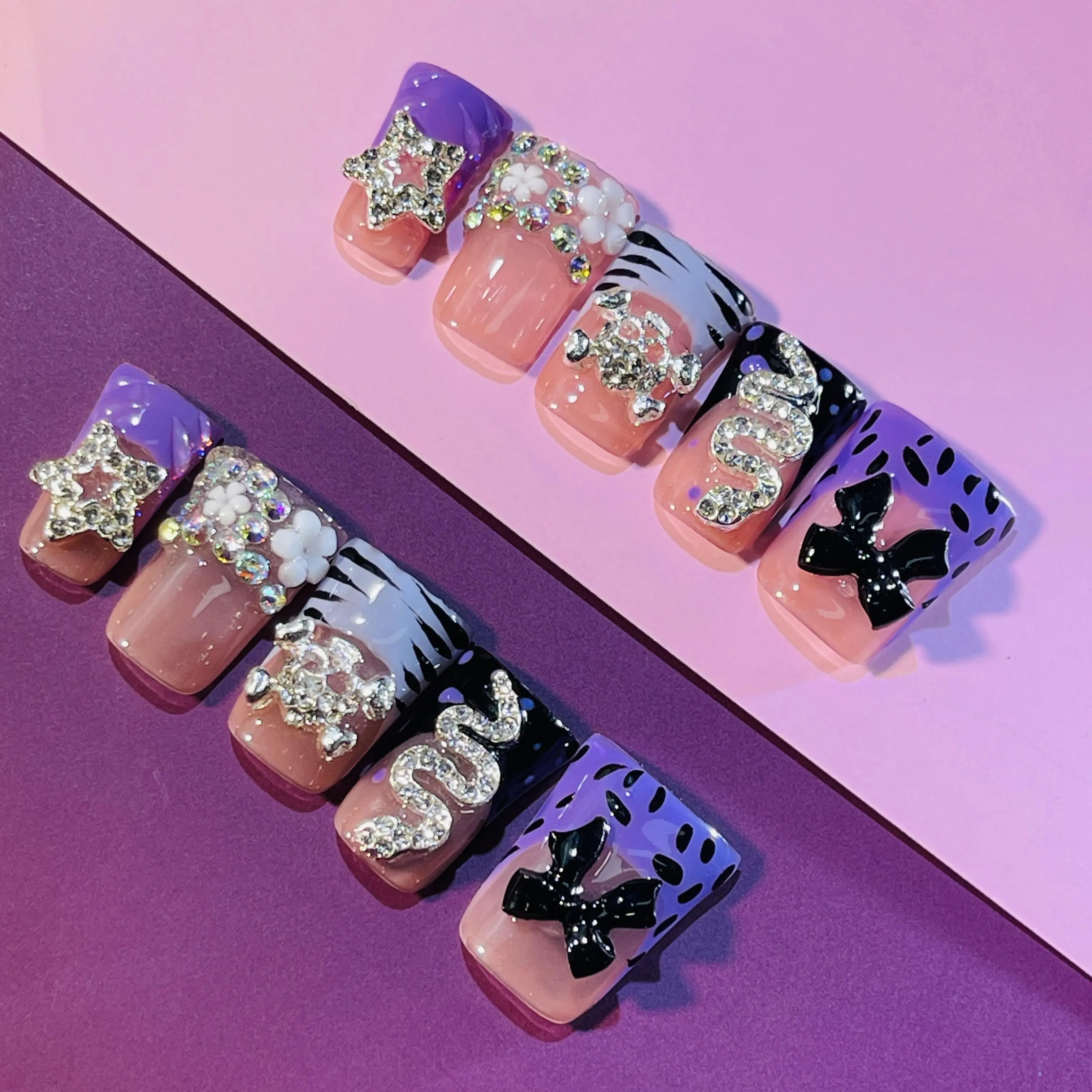Handmade Long Duckbill Press-On Nails Kit - 10 Pcs Acrylic Nail Set with 3D Rhinestone Bows, Zebra & Snake Patterns, Packaged in a Box, Nails Press On