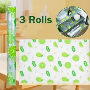 3 Rolls Lime Printed EVA Cabinet Liner Waterproof Oilproof Non-Slip Cuttable Washable Refrigerator Mat Resistant Dust & Moisture Easy Clean Decorative Shelf Protector for Kitchen Cabinets, Pantry Drawers, Shoe Cabinets & Fridge Storage Use