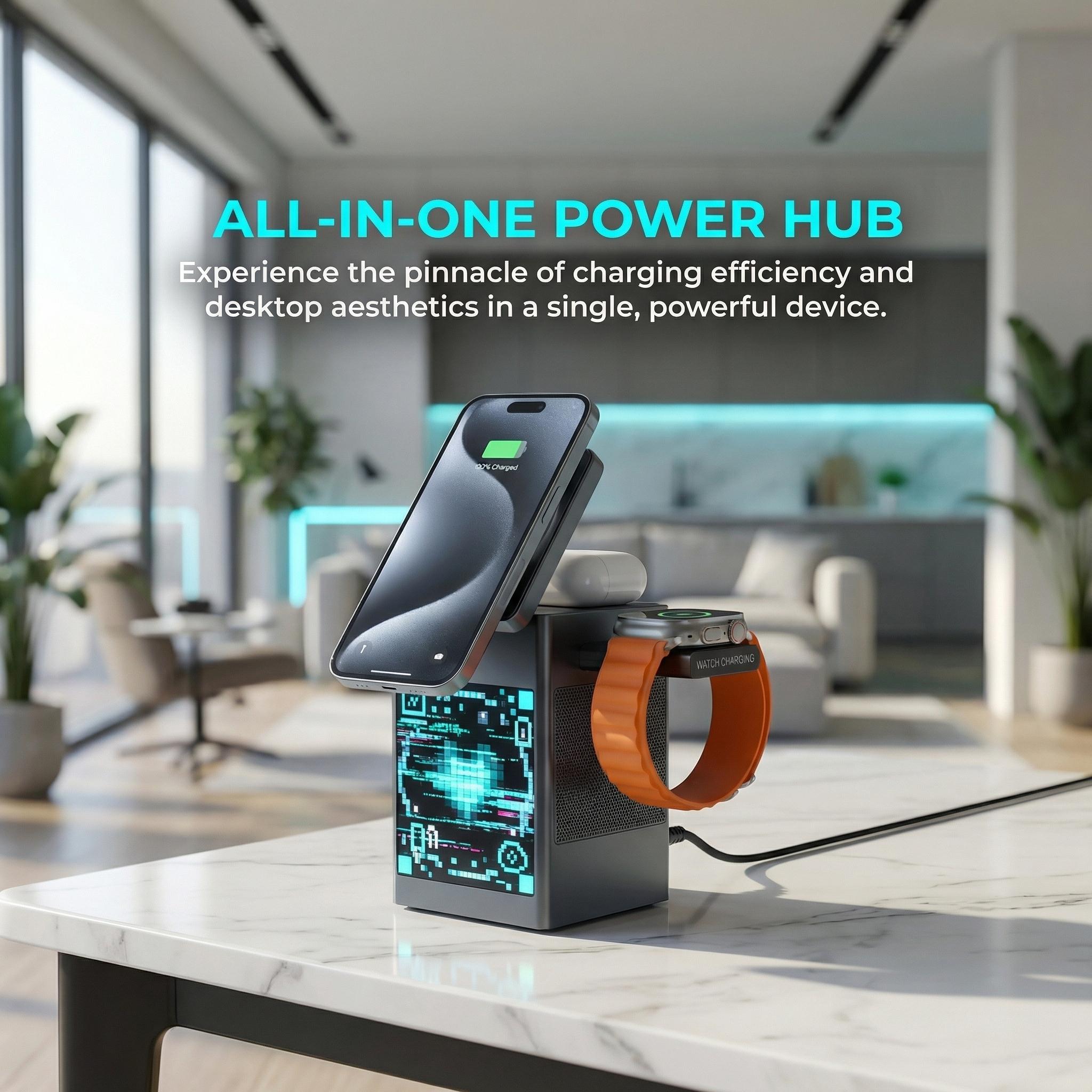 MagSafe-compatible 6-in-1 Charging Station with Bluetooth Speaker, Clock & Pixel Display – Ideal for iPhone, Desk, Travel & Multi-Device Charging | Smart All-in-One Solution for March Madness, Spring Break, World Cup & Easter