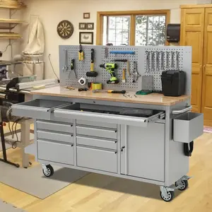 🔧 Heavy Duty 61" Rolling Tool Chest Workbench – 10 Drawers, Rubber Wood Top, 1675 lbs Load – Power Strip, Lock & Wheels – Perfect for Garage or Workshop! 🛠️