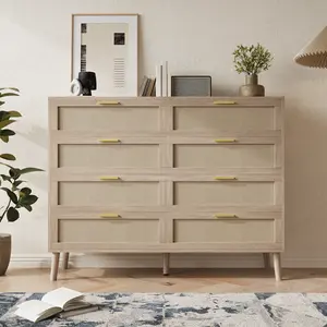 Spacious 8 Drawer Rattan Vanity Table – Mid Century Modern Wooden Dresser with Metal Handles, Large Storage, and Boho Oak Chest for Bedroom, Living Room, or Entryway