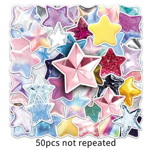 50pcs 3D Star Stickers, Holographic Glitter Star Waterproof Vinyl Decals, Cute Aesthetic Stickers for Laptop, Water Bottle, Luggage, DIY Scrapbook, Journal