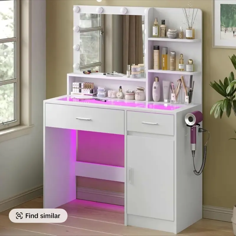 CollaredEagle Vanity Desk with Mirror Lights and RGB Drawers - Transparent Top Charging Station Stool for Bedroom