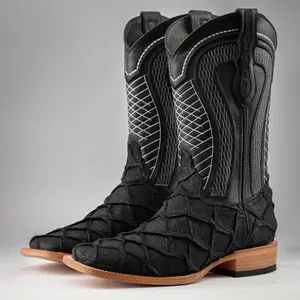 Rustic Matte Black Pirarucu Print Leather Boots - Square Toe Rustic Matte Black Pirarucu Print Leather Boots - Square Toe