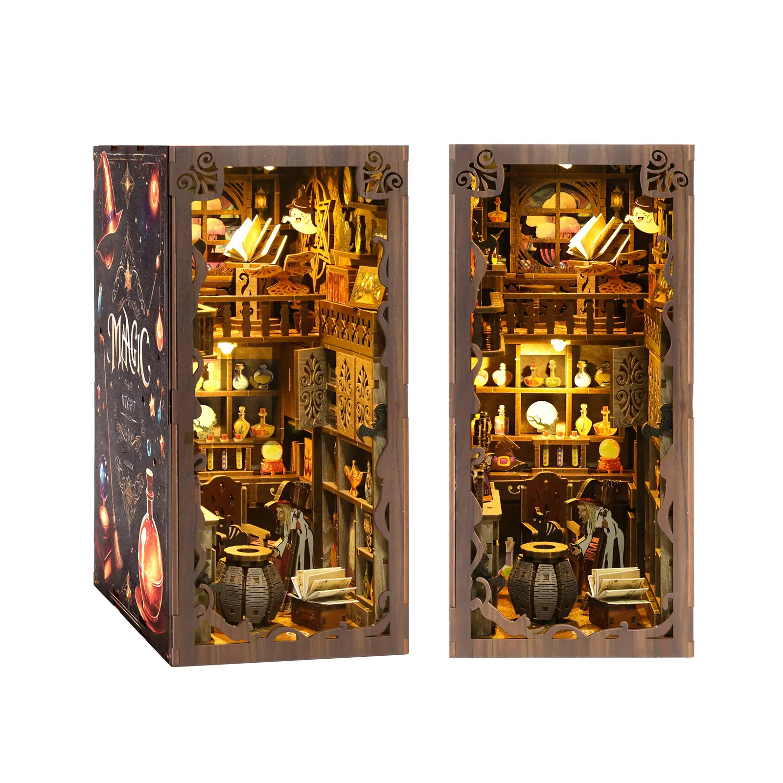 DIY Book Nook Fantasy Magic Theme Wood Kit - 3D Wooden Puzzle Bookend with LED Lights, Wizard Library Miniature House Decor, Handmade Craft Gift for Halloween, Christmas