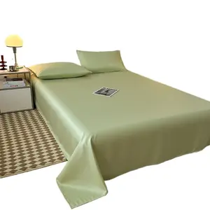 Summer Ice Silk Bed Sheet Single Piece Washed Silk Cool Touch Student Dormitory Bed Cover 4-Piece Bedding Set Skin-Friendly Breathable
