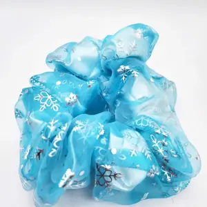 Double Layer Scrunchie: White Satin & Light Blue Silk with Silver Snowflakes
