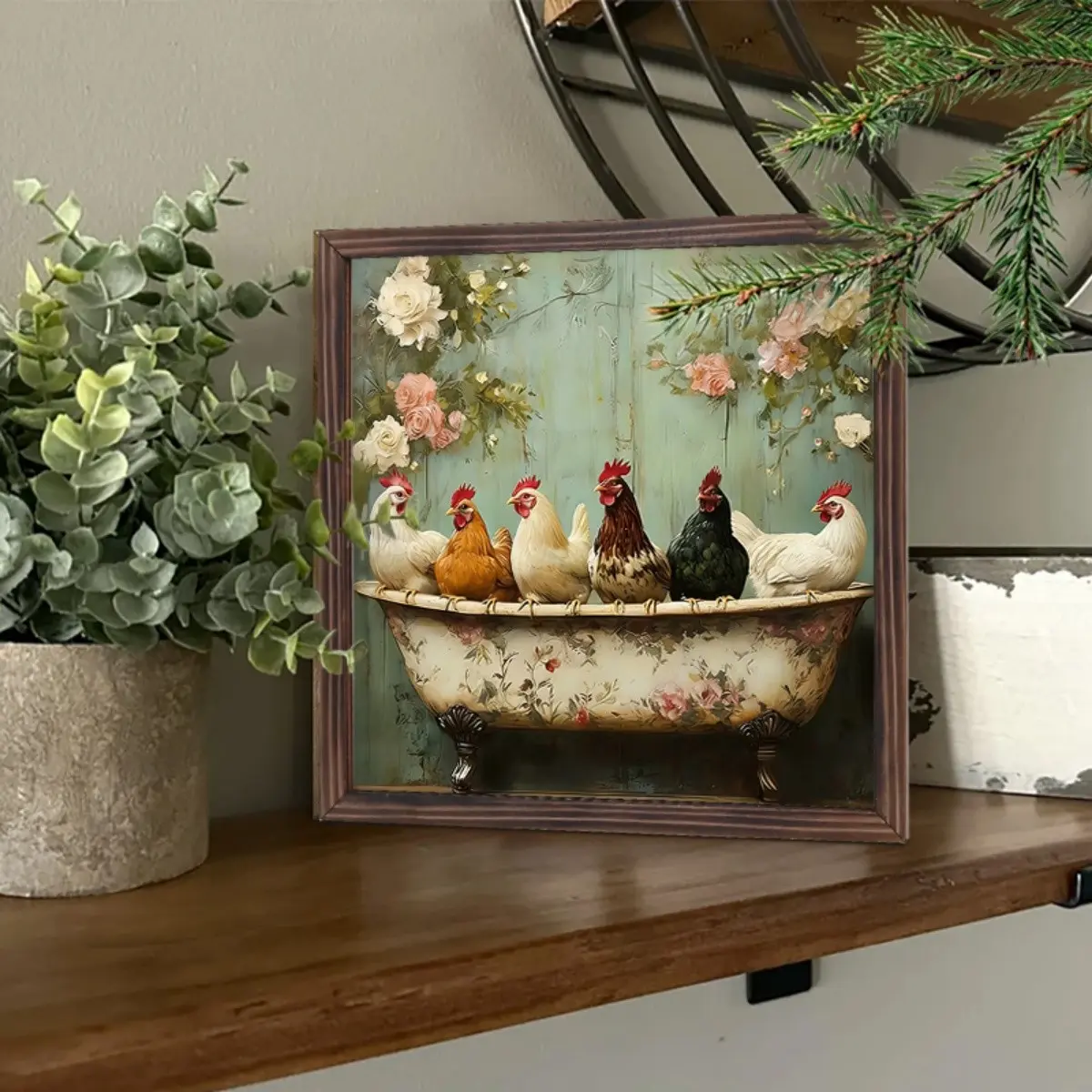 Pet Chicken Decorative Wooden Frame Painting, Farm Bathroom Home Room Decoration, Gift for Women, Rooster Hen Wall Art, Framed Wall Art, Farm Animal Theme