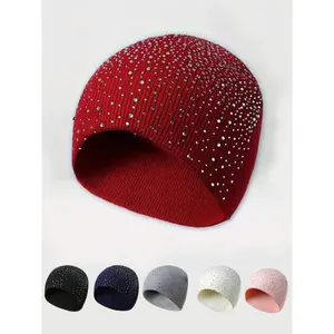 Starry Rhinestone Knitted Hat, Fitted Woven Acrylic Cap, Casual Elegant Street Style, Perfect for Autumn Winter Valentine's Day, Knit Hats