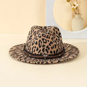 FUNYH 1pc of leopard print bull head brown patchwork decoration retro fashion flat brim felt hat for men and women, detachable accessories, four seasons hat, suitable for daily travel, outdoor vacation, holiday gifts, party wear