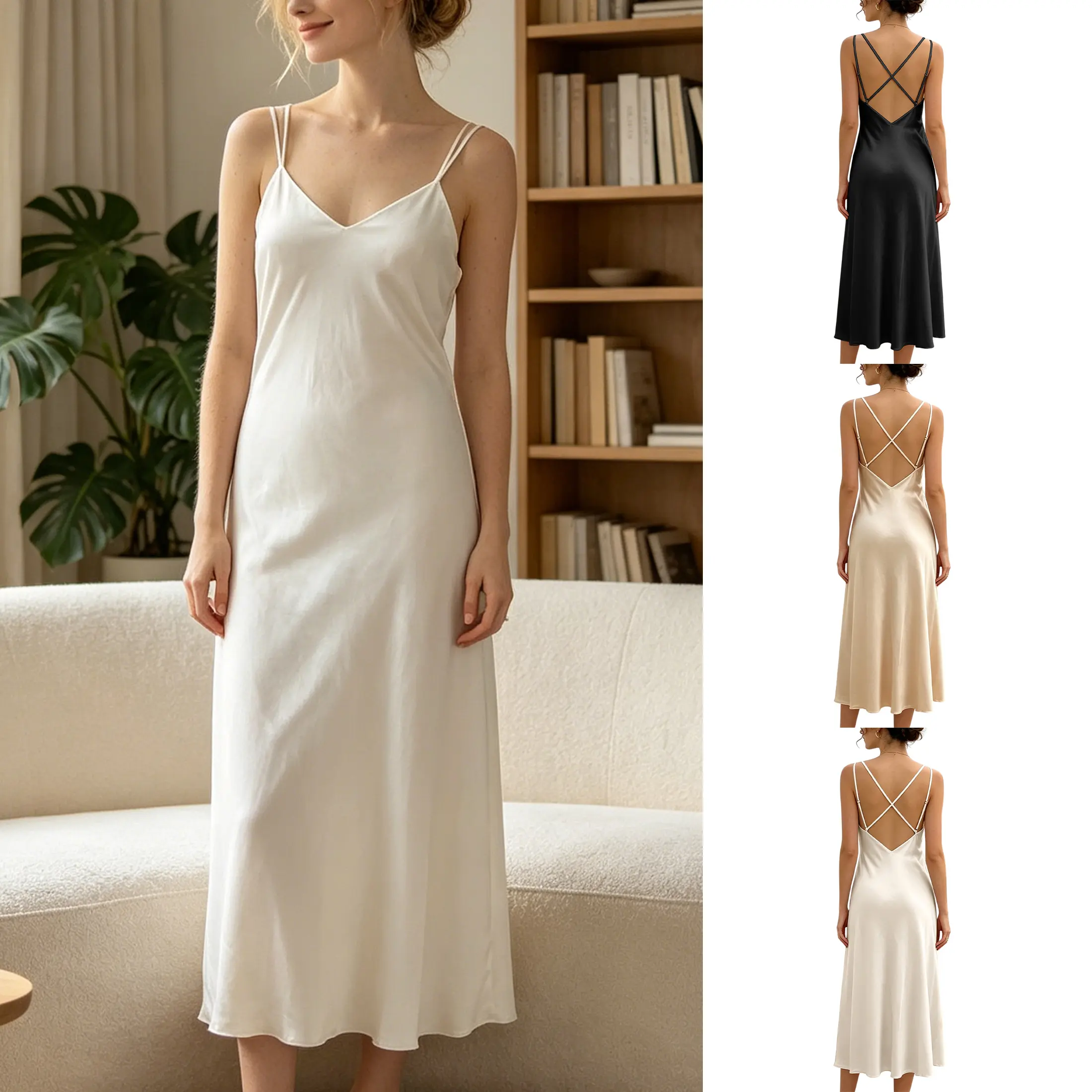 WoodBerry Women's Long Satin Dress V-Neck Crisscross Backless Spaghetti Strap Silky Midi Dress with Built-In Bra Pads Sleeveless Elegant Dress for Wedding,Party,Vacation,Casual Summer
