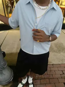 Men's Light Blue Striped Elbow Sleeve Shirt, Oversized Casual Lapel Pocket Top, Suitable For Streetwear And Summer Daily Wear