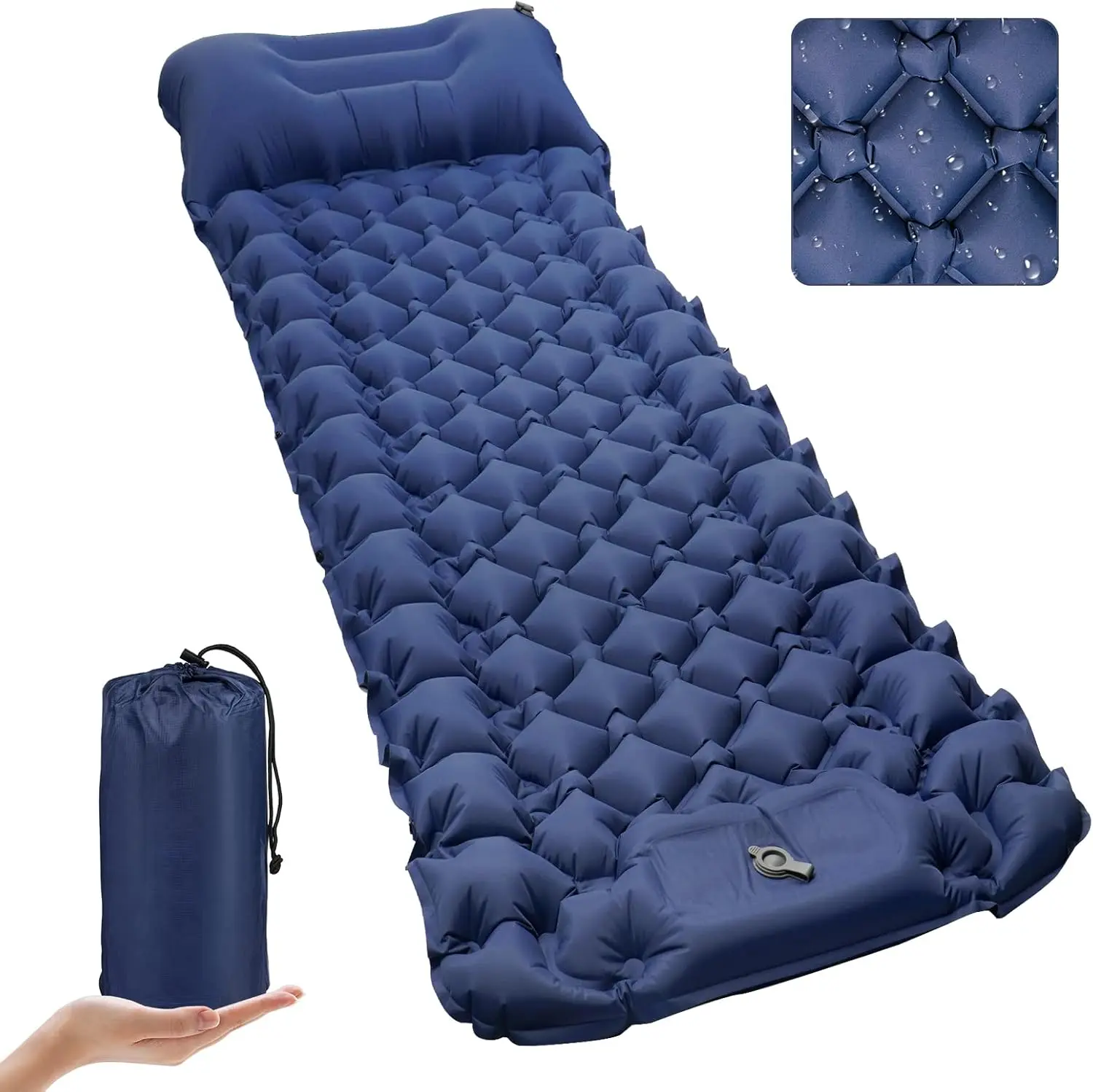 Sleeping Pad, Ultralight 40D Nylon Camping Mat Built-in Pump - Blue | Self-inflating, Built-in Pillow, Durable, Waterproof, for Tent, Backpacking, Hiking, Includes Carry Bag