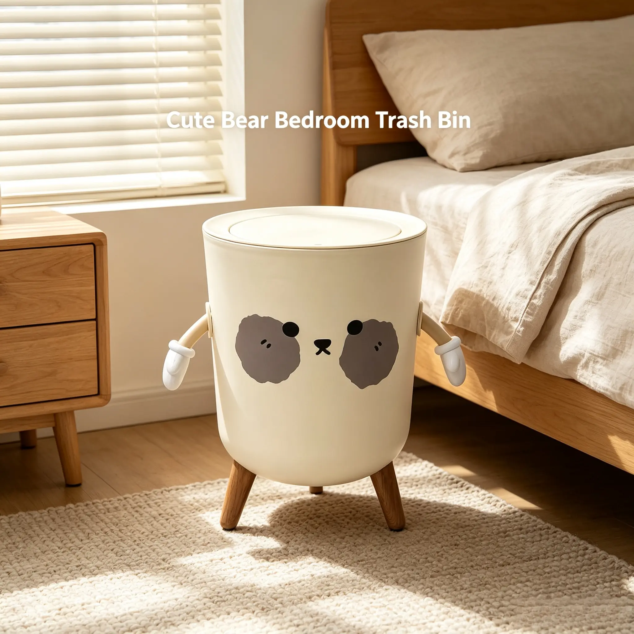 Kid-Safe Rounded Edge Cute Dog Press Lid Trash Can, Anti-Tip 3 Wood Leg Odor Sealed Rubbish Bin For Toddler Nursery Playroom Decor Touchless Brown  outdoor waste bedroom home office kitchen  garbage household wall use plastic