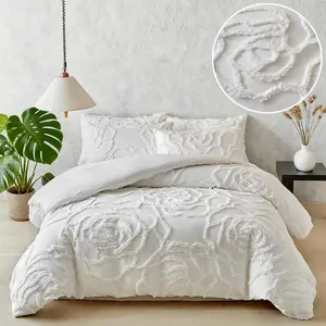 Rose Pattern Duvet Cover Set (2/3 counts) - Soft and comfortable washable polyester fiber, white 3D tufted bedding set, unisex, suitable for all seasons, breathable and durable, romantic bedroom decoration, 9 sizes, Decorative Duvet Cover