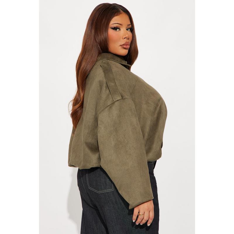 Harlowe Oversized Faux Suede Jacket - Olive