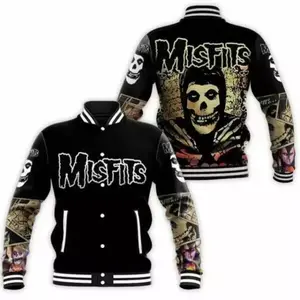 Misfits Punk Skull Varsity Jacket, Skeleton Graphic Bomber, Retro Rock Streetwear Style, Alternative Music Fan Gift Idea
