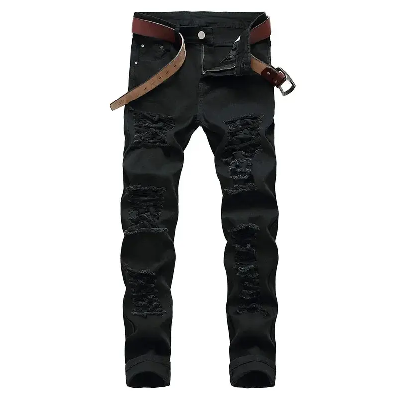 Men's 2026 Ripped Slim-Fit Full-Length Fashion Denim Jeans - Party Hip-Hop Casual All-Match Trousers, Red/White, Hand Wash Only, Hang Dry, Plain, Multiple Waist Sizes