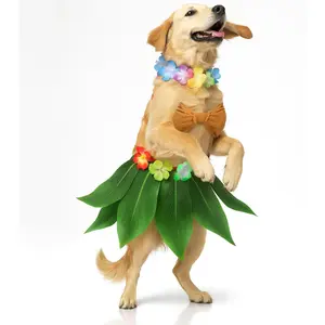 Huhumy 3 Pcs Halloween Dog Hawaiian Luau Costume Includes Hula Dress Bikini Top Flower Lei Boho Neck for Small Medium Dogs Puppy Outfit Pet Accessories Halloween Cosplay Supply