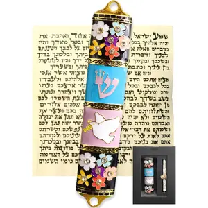 Exquisite Enamel Design Mezuzah with Scroll, Easy Install Use Double-Sided Tape, Dove with an Olive Branch Theme Mezuzah for Door with Crystal Diamond Accent for Any Jewish Occasions, 3.8"