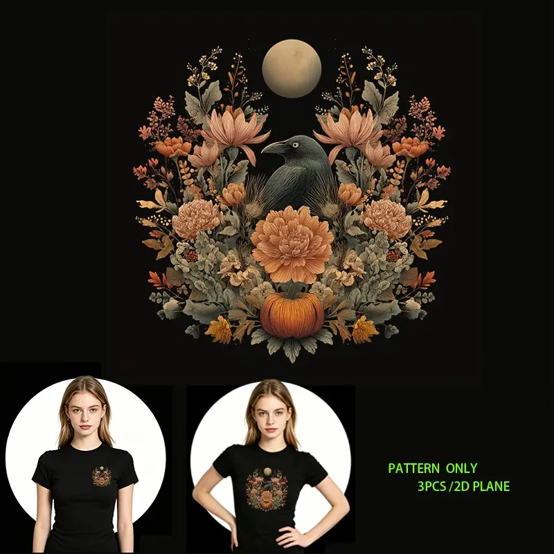 Autumn Night Flowers and Birds Pattern, DTF Heat Transfer Vinyl for DIY Clothing, T-Shirts, Jeans, Hoodies, Backpacks, Washable Iron-On Design, Fashionable Creative Art