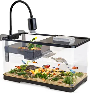 (Tank + Light + Filter + Filter Balls) Turtle Tank Kit, Turtle Tank Starter Kit,Bottom Drainage, Multi-Function Areas for Turtles, Crabs,Fishes, Amphibians,Reptiles. (15.75 x 8.64 x 8.64 Inch)