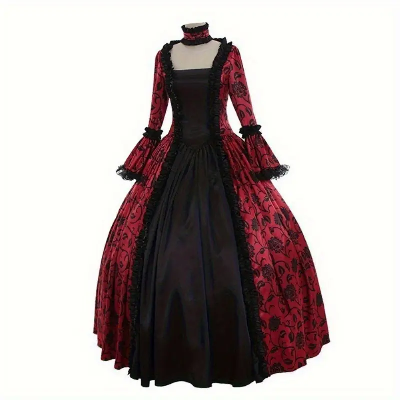 Victorian Medieval Vintage Court Dress for Women - Lace Flared Sleeves Full Skirt, Queen Style Stage Performance Gown with Intricate Floral Patterns, Black & Red/Blue/White Color Options, Historical Costume Spot Traditional Womenswear Clothes