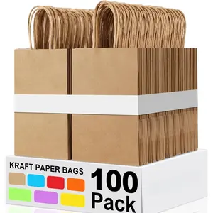 100 count Paper  Bags 5.25x3.25x8.25'', Small Paper Bag with Handles Bulk Shopping,,Retail,Party Bags for Small Business (Brown)