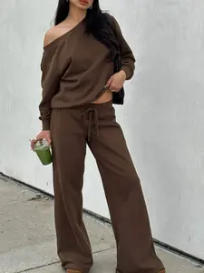 Women's Two Piece Lounge Set Off Shoulder Long Sleeve Top Loose Fit Pullover Drop Shoulder Oversized Style with Drawstring Elastic Waist Wide Leg Pants Solid Brown Minimalist Outfit Soft Cotton Blend Breathable Cozy Casual Streetwear Fall Winter Matching