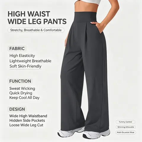 Women's High Waisted Baggy Sweatpants - Wide Leg Comfy Track Pants with Pockets, Casual Sporty Athleisure Apparel for Gym Workouts, Loungewear, Casual Sporty Pants