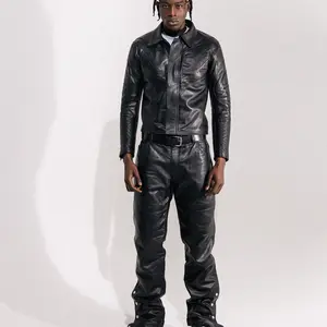 Snḏyt Men's  Leather Pants Flared Black Solid Colour Straight