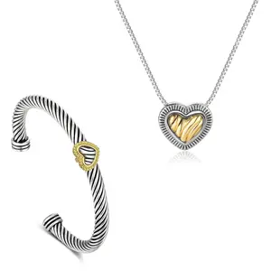 Aprilery Heart Jewelry Set – Mixed Metal Heart Pendant Necklace & Twisted Cable Cuff Bracelet for Women
