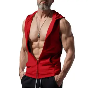 Men's solid color zipper hooded vest jacket, casual, breathable, comfortable sleeveless sportswear, suitable for gym exercise and running, suitable for all seasonsRAIMENTRY