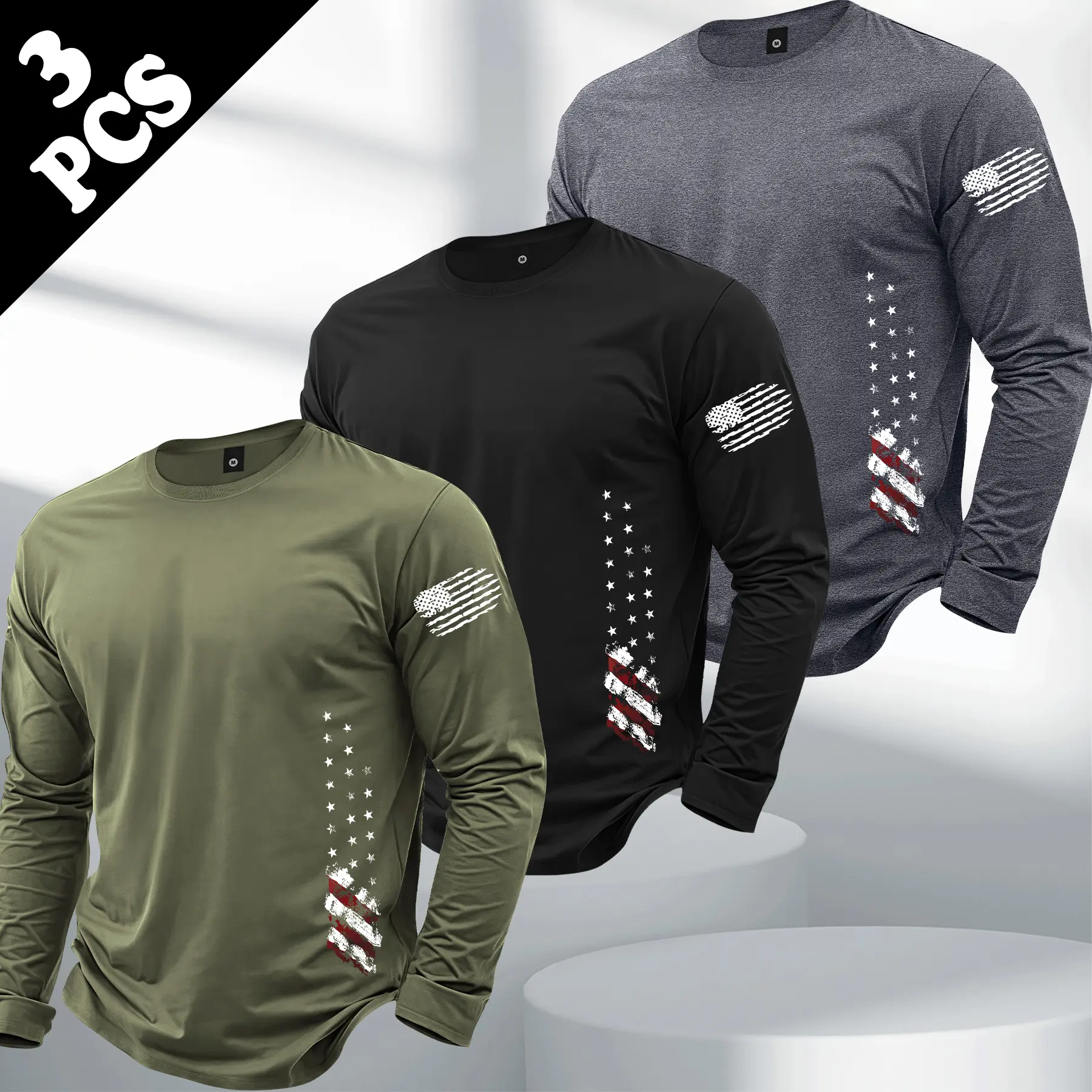 Men's Fashion Trendy 3-Piece Long Sleeve T-Shirt American Street Style USA Flag Print All-Season Suitable Men's Top Outdoor Sports and Exercise Appropriate Athletic T-Shirt Perfect Gift for Boyfriend Stylish Long T-Shirt