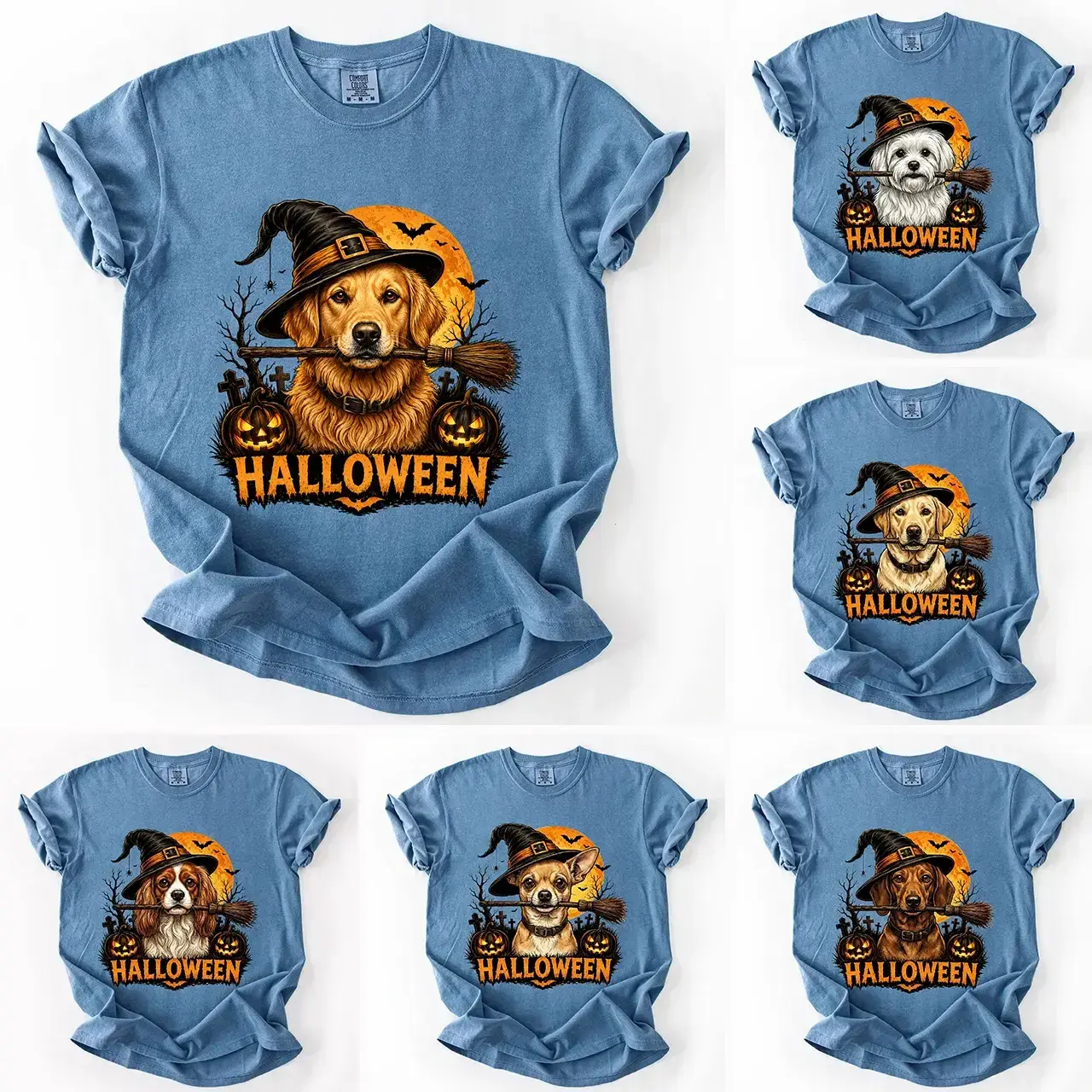 Custom Dog Comfort Colors 50+ Dog Breeds Halloween Dog Shirt, Dog Breeds Available Witch Hat Pumpkin Tee, Golden Retriever Husky Frenchie Dachshund German Shepherd Graphic Shirt, Spooky Dog Mom Dog Lover Gift, Halloween Shirt Tops Womenswear
