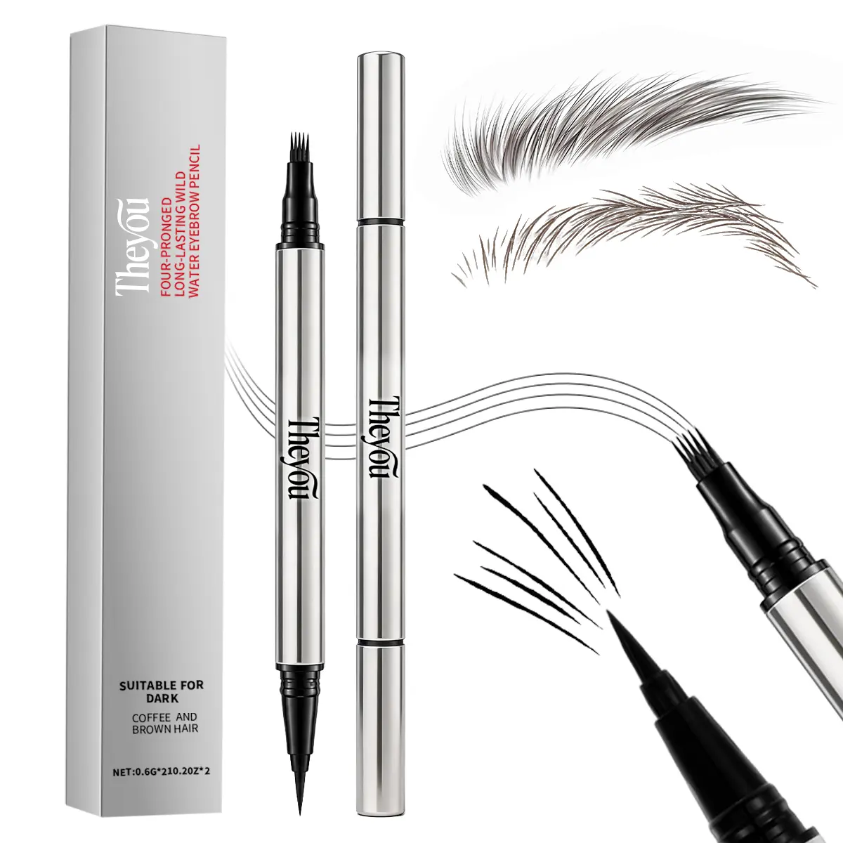 【The you】 Original 4D Brush Tip Waterproof Microblading Eyebrow Pen, 2-in-1 Dual-Ended, Natural Hair-Like Strokes, Long-Lasting Waterproof mini eyebrow pencil, long-lasting color, smudge-proof.